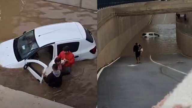 Imatges del rescat de la dona atrapada al cotxe per l'aigua Pineda de Mar (via xarxes socials)